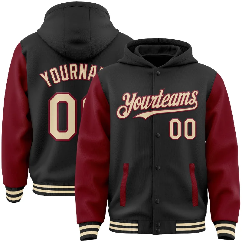 Fishing hook remover-Custom Black Cream-Crimson Bomber Full-Snap Varsity Letterman Two Tone Hoodie Jacket