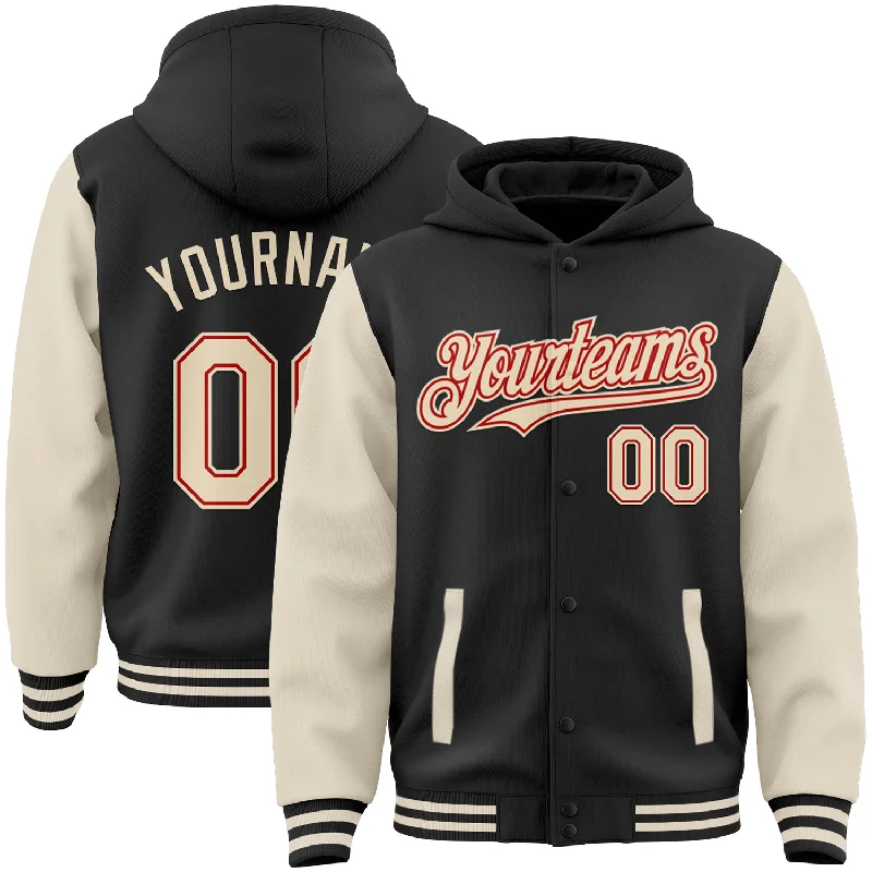 Fishing rod rack-Custom Black Cream-Red Bomber Full-Snap Varsity Letterman Two Tone Hoodie Jacket