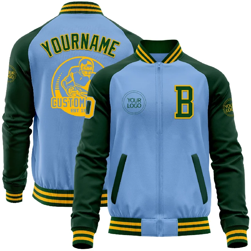 Fishing hook small size-Custom Light Blue Gold-Green Bomber Varsity Letterman Two Tone Zipper Jacket