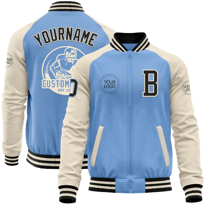 Fishing rod premium-Custom Light Blue Black-Cream Bomber Varsity Letterman Two Tone Zipper Jacket