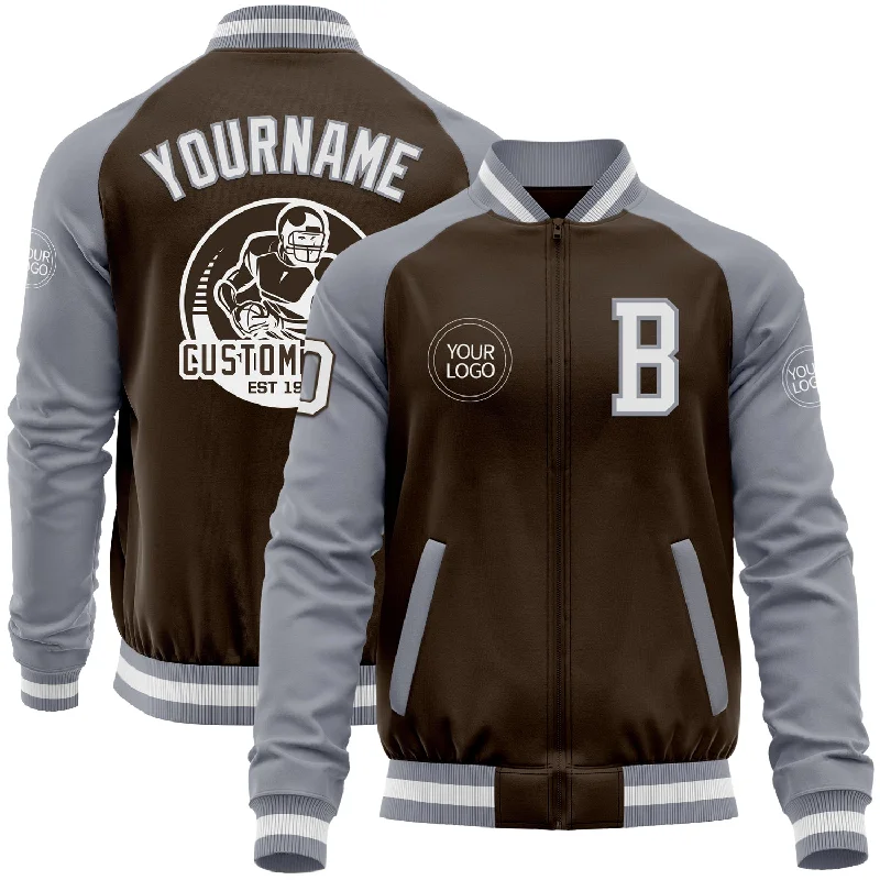 Fishing rod custom grip-Custom Brown White-Gray Bomber Varsity Letterman Two Tone Zipper Jacket