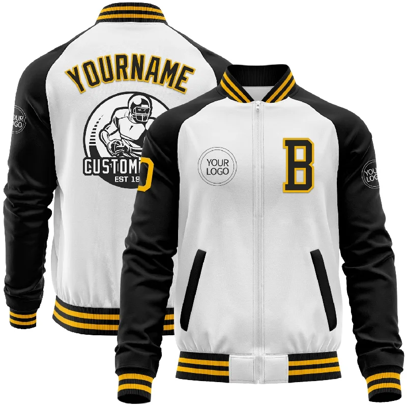 Fishing line roller-Custom White Gold-Black Bomber Varsity Letterman Two Tone Zipper Jacket