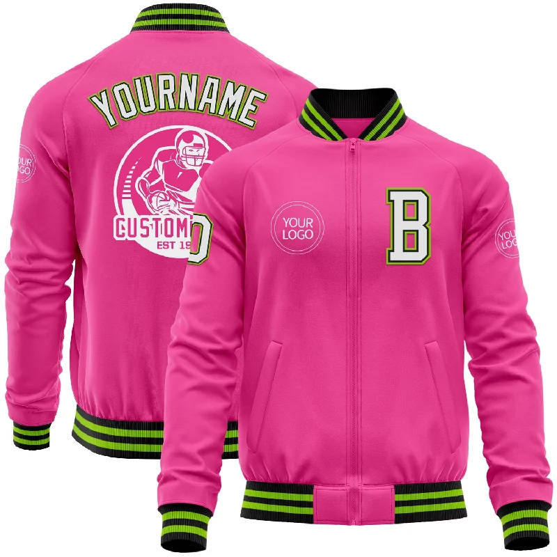 Fishing line depth finder-Custom Pink Black-Neon Green Bomber Varsity Letterman Zipper Jacket