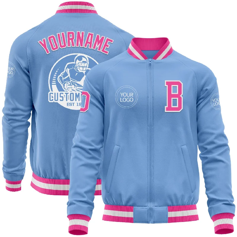 Fishing hook double-Custom Light Blue Pink-White Bomber Varsity Letterman Zipper Jacket