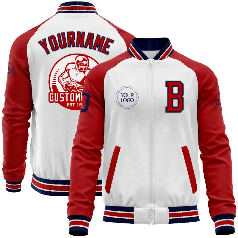 Fishing bait holder-Custom White Navy-Red Bomber Varsity Letterman Two Tone Zipper Jacket