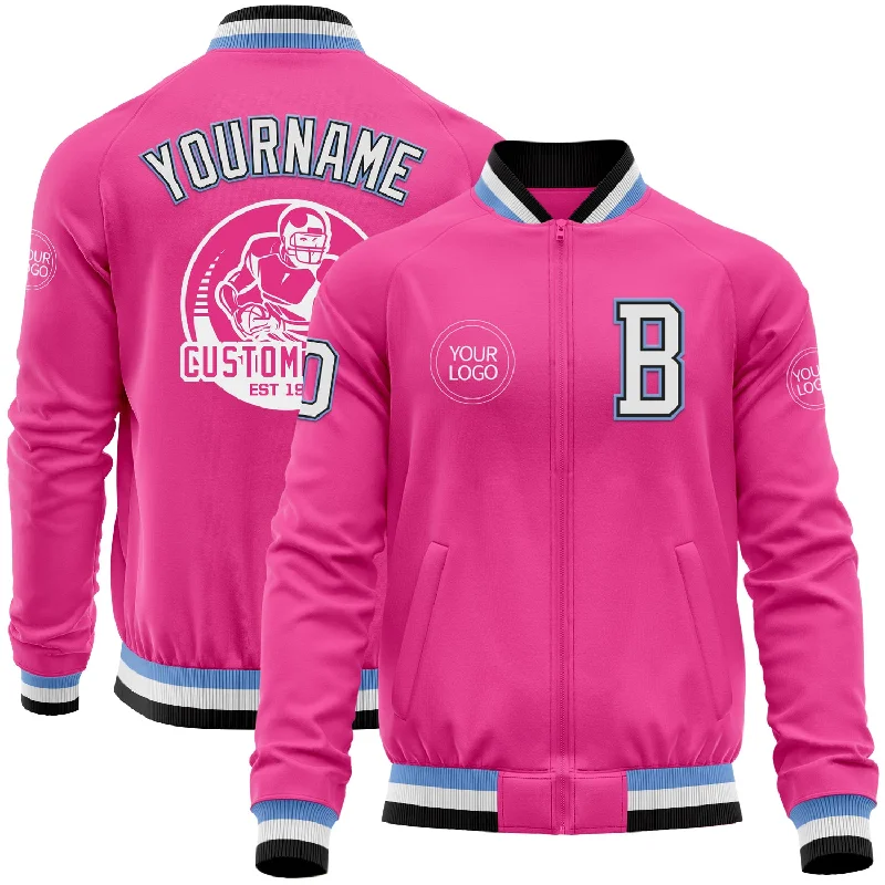 Fishing rod floor stand-Custom Pink Black-Light Blue Bomber Varsity Letterman Zipper Jacket