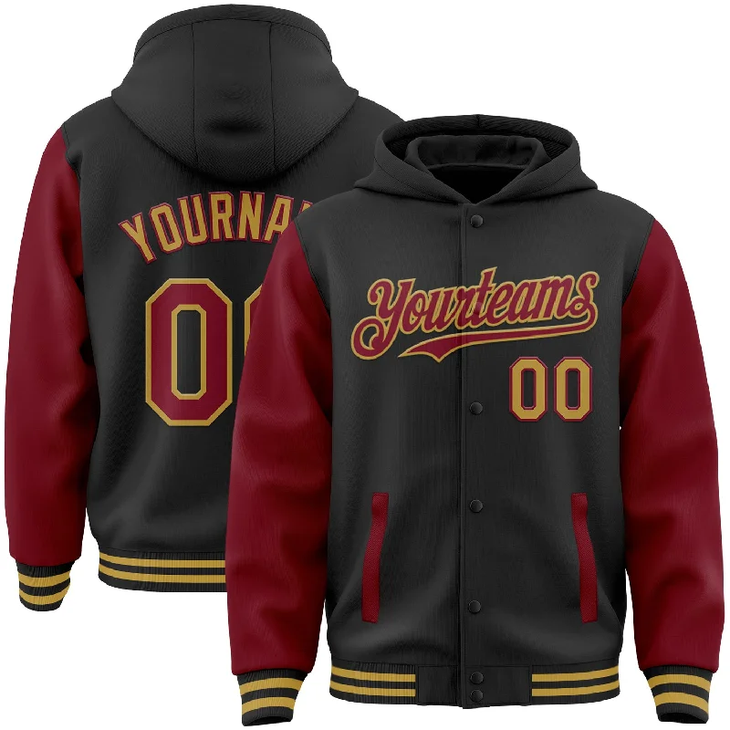 Fishing reel maintenance-Custom Black Crimson-Old Gold Bomber Full-Snap Varsity Letterman Two Tone Hoodie Jacket