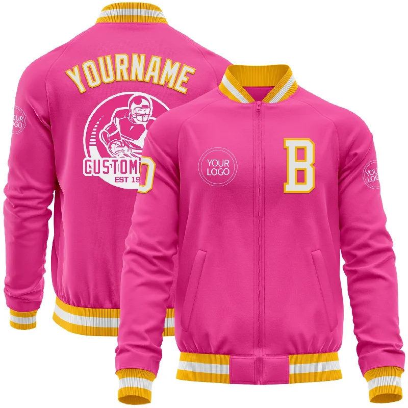 Fishing line sink rate-Custom Pink White-Gold Bomber Varsity Letterman Zipper Jacket