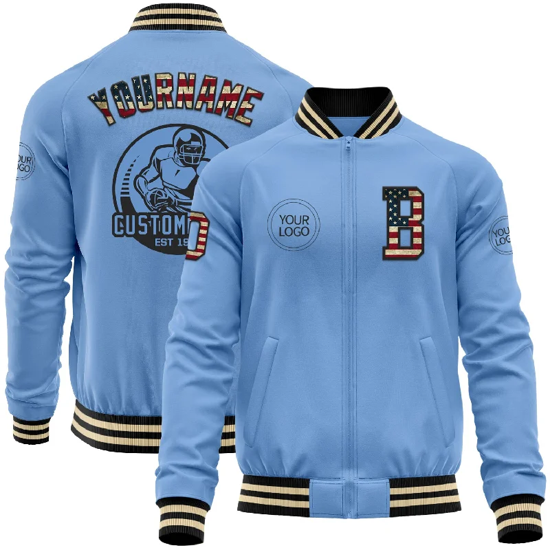 Fishing line clip-Custom Light Blue Vintage USA Flag Black-Cream Bomber Varsity Letterman Zipper Jacket