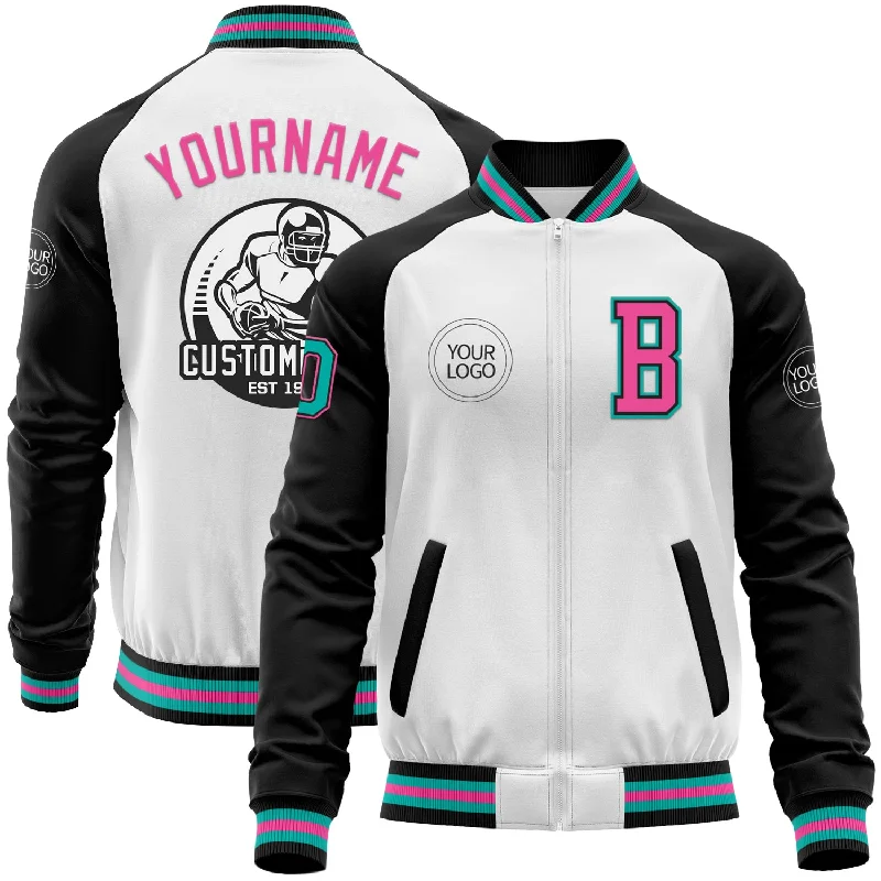 Fishing reel cleaner-Custom White Aqua Black-Pink Bomber Varsity Letterman Two Tone Zipper Jacket