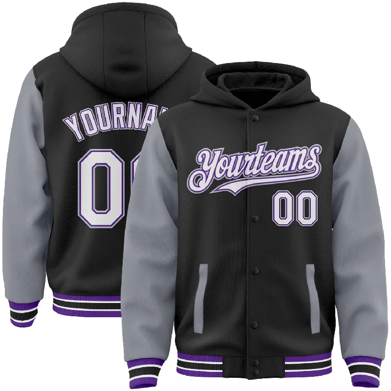 Fishing bait live keeper-Custom Black Gray-Purple Bomber Full-Snap Varsity Letterman Two Tone Hoodie Jacket