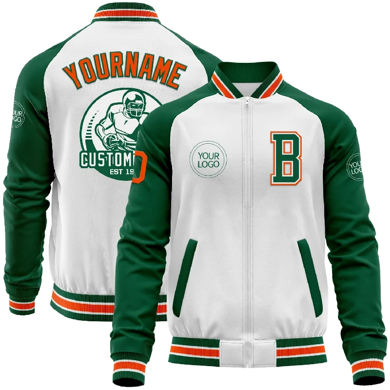 Fishing line cutter-Custom White Orange-Kelly Green Bomber Varsity Letterman Two Tone Zipper Jacket