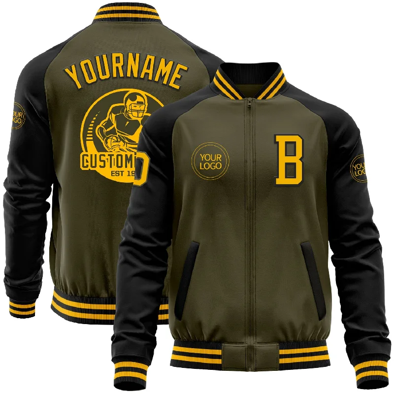 Fishing reel powerful-Custom Olive Gold-Black Bomber Varsity Letterman Two Tone Salute To Service Zipper Jacket