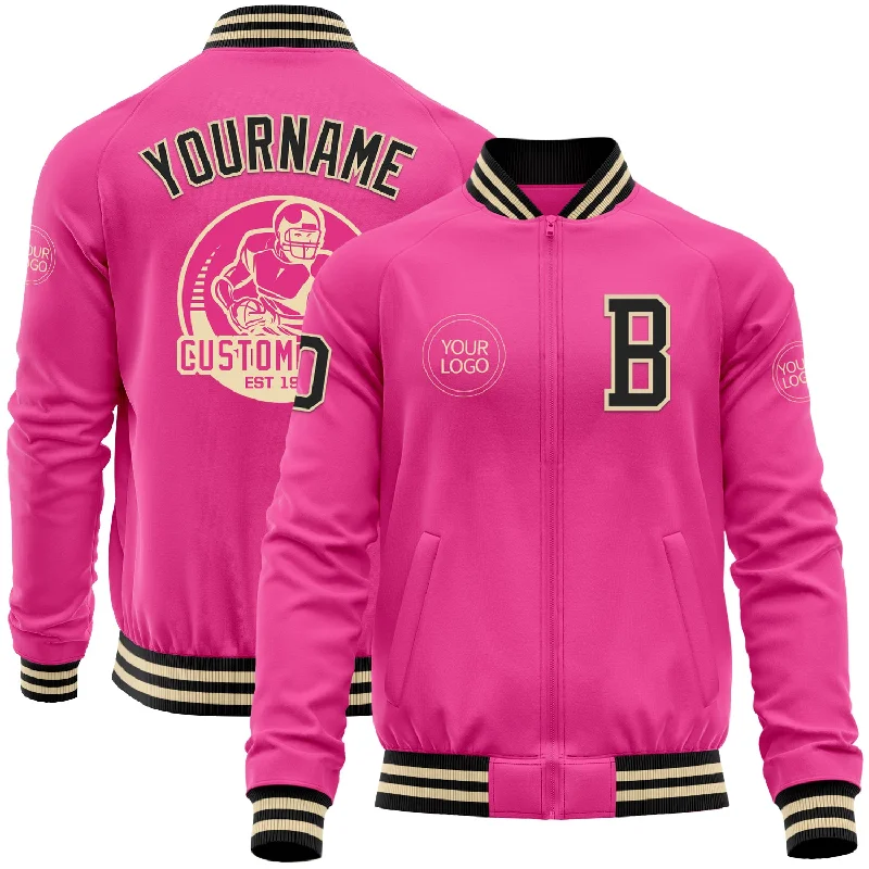 Fishing line visibility-Custom Pink Black-Cream Bomber Varsity Letterman Zipper Jacket