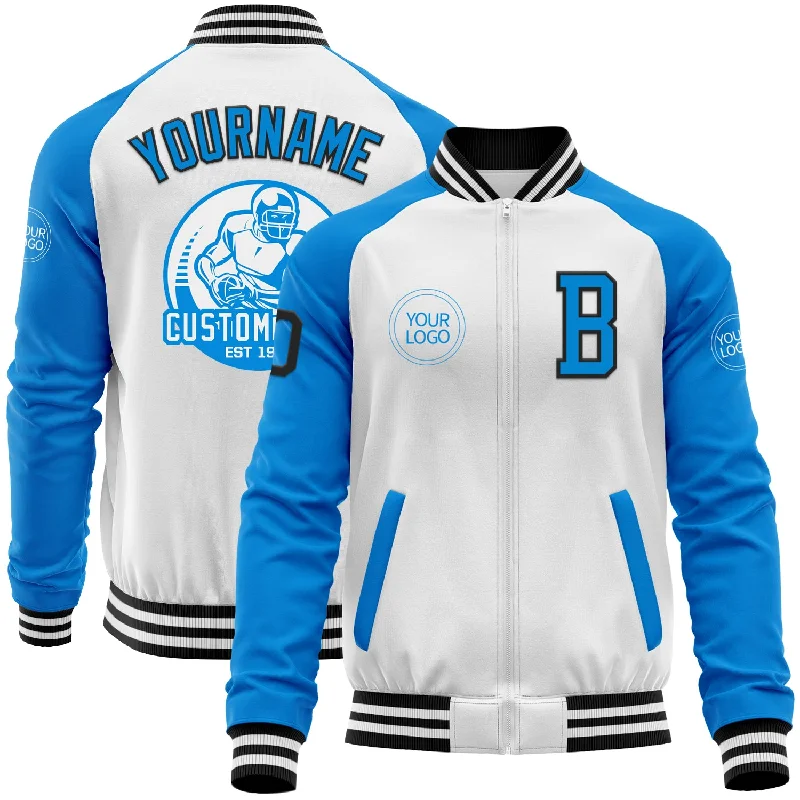 Fishing boots insulated-Custom White Black-Powder Blue Bomber Varsity Letterman Two Tone Zipper Jacket