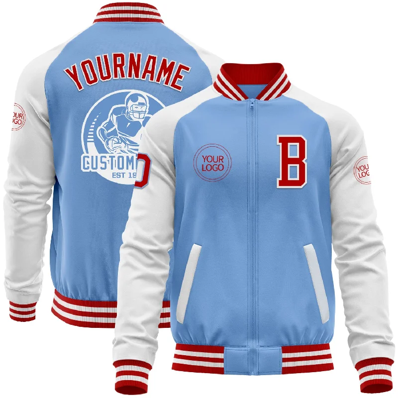 Fishing line smooth cast-Custom Light Blue Red-White Bomber Varsity Letterman Two Tone Zipper Jacket