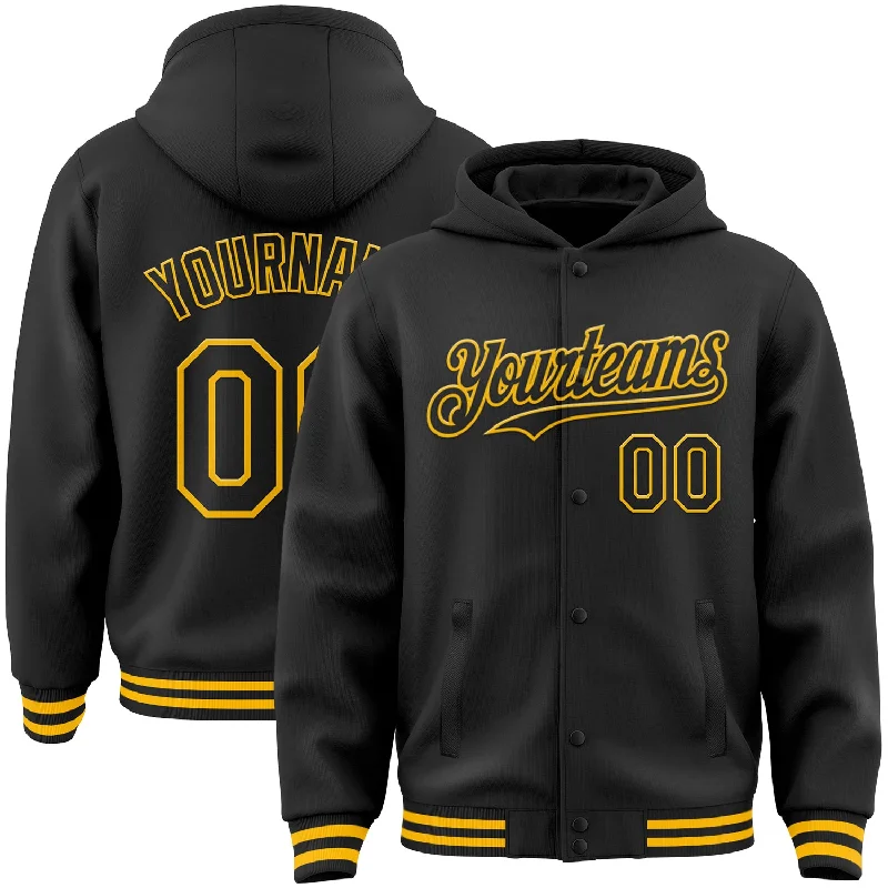 Fishing boots insulated-Custom Black Gold Bomber Full-Snap Varsity Letterman Hoodie Jacket