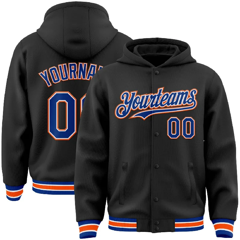 Fishing rod baitcasting-Custom Black Royal-Orange Bomber Full-Snap Varsity Letterman Hoodie Jacket