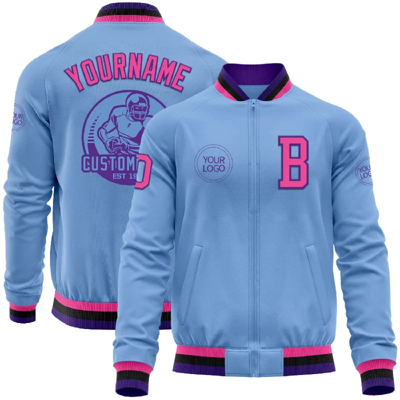 Fishing hook gauge-Custom Light Blue Pink Purple-Black Bomber Varsity Letterman Zipper Jacket