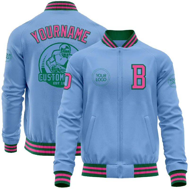 Fishing tackle bag-Custom Light Blue Pink-Kelly Green Bomber Varsity Letterman Zipper Jacket