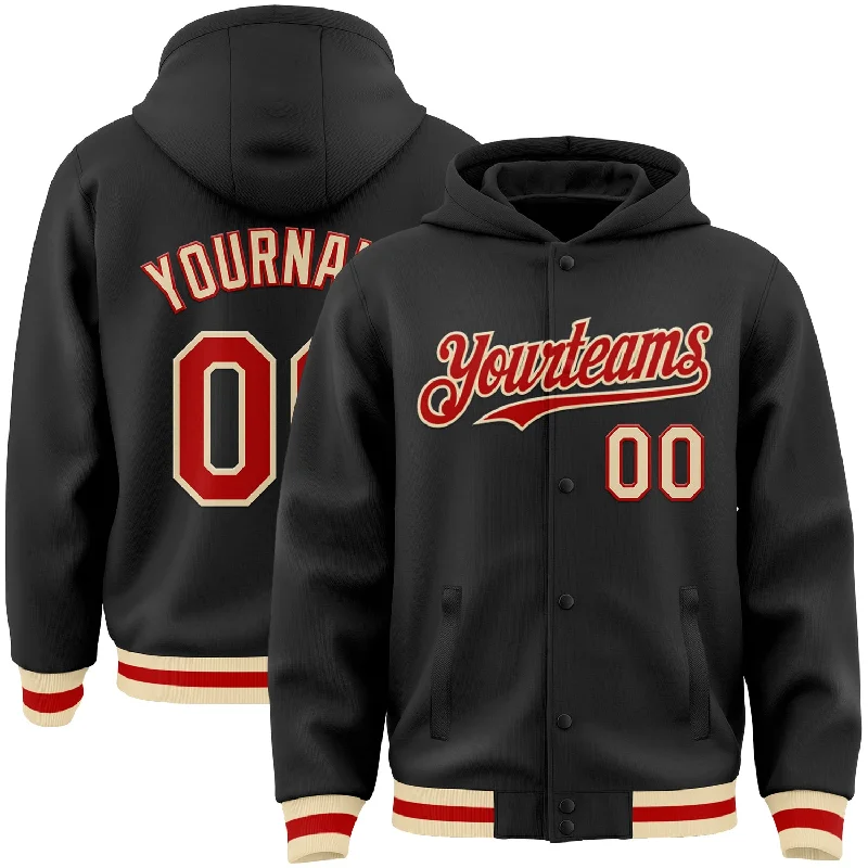 Fishing reel silent-Custom Black Red-Cream Bomber Full-Snap Varsity Letterman Hoodie Jacket