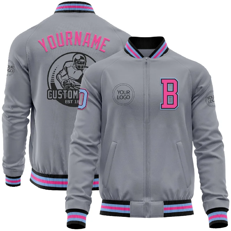 Fishing line smooth-Custom Gray Light Blue Black-Pink Bomber Varsity Letterman Zipper Jacket