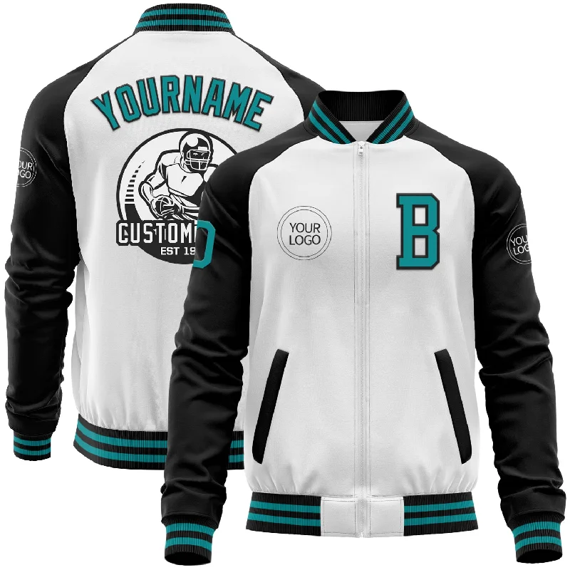 Fishing tackle shelf-Custom White Teal-Black Bomber Varsity Letterman Two Tone Zipper Jacket