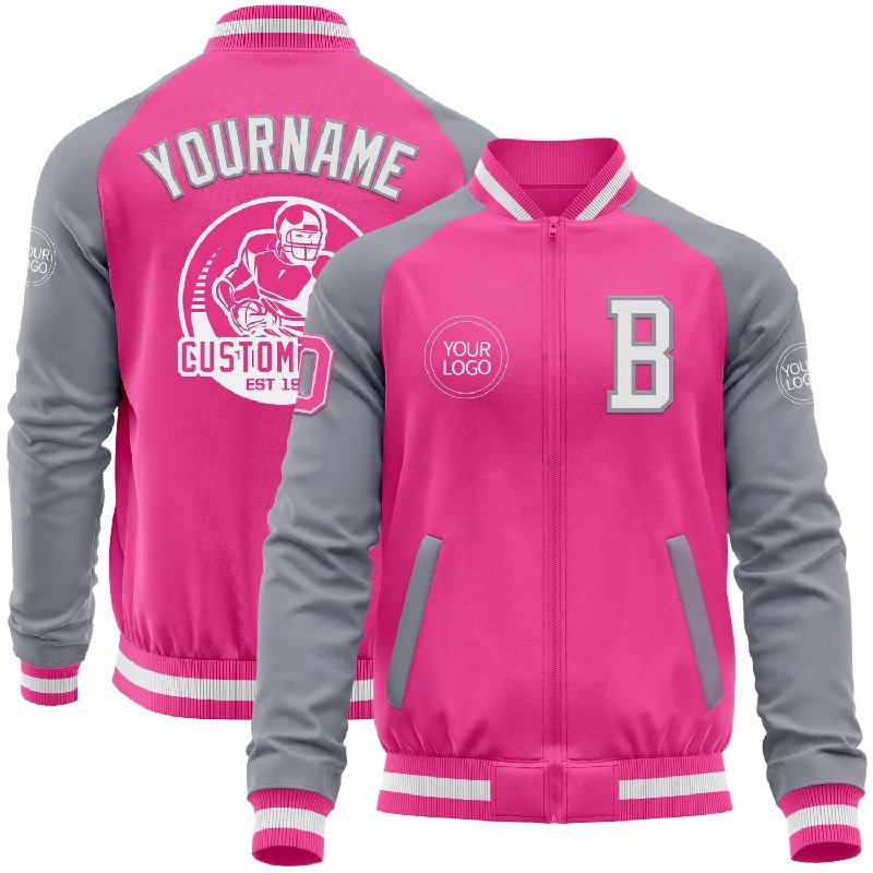 Fishing rod clip-Custom Pink White-Gray Bomber Varsity Letterman Two Tone Zipper Jacket