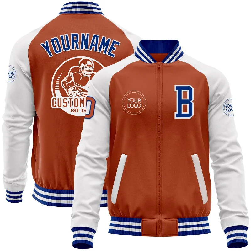 Fishing reel ergonomic-Custom Texas Orange Royal-White Bomber Varsity Letterman Two Tone Zipper Jacket