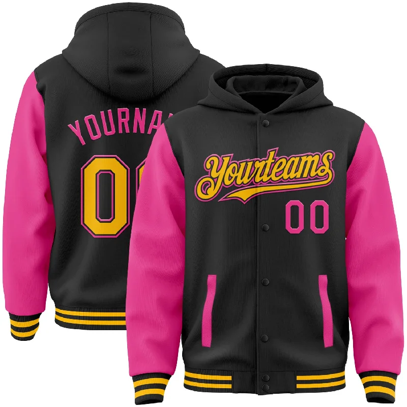 Fishing hook sharpener-Custom Black Gold-Pink Bomber Full-Snap Varsity Letterman Two Tone Hoodie Jacket