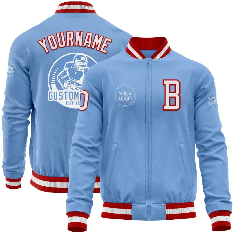 Fishing backpack storage-Custom Light Blue White-Red Bomber Varsity Letterman Zipper Jacket