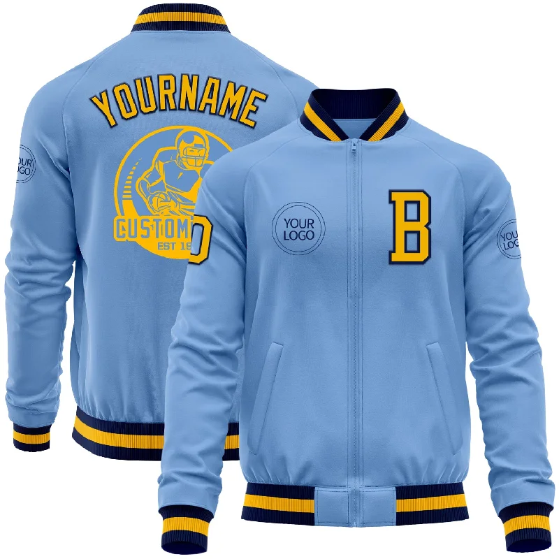 Fishing reel high durability-Custom Light Blue Gold-Navy Bomber Varsity Letterman Zipper Jacket