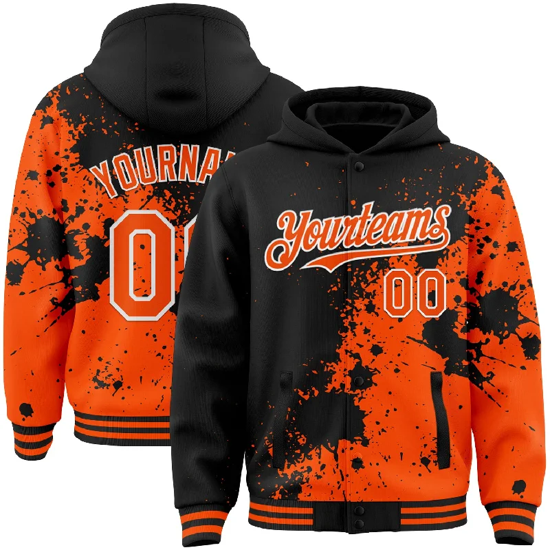 Fishing reel high speed-Custom Black Orange-White Abstract Splash Grunge Art 3D Pattern Design Bomber Full-Snap Varsity Letterman Hoodie Jacket