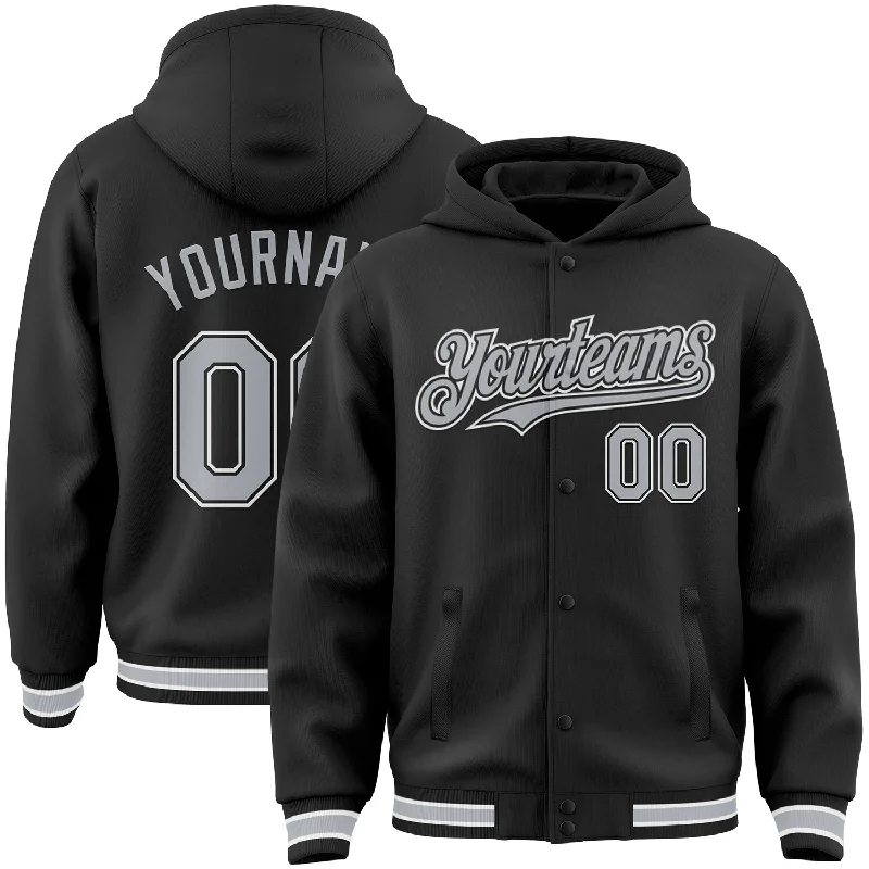 Fishing line anti-slip-Custom Black Gray-White Bomber Full-Snap Varsity Letterman Hoodie Jacket