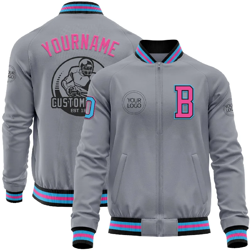 Fishing rod fast action-Custom Gray Sky Blue Black-Pink Bomber Varsity Letterman Zipper Jacket