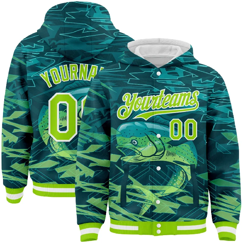 Fishing reel grease-Custom Teal Neon Green-White Mahimah Fish Fishing 3D Bomber Full-Snap Varsity Letterman Hoodie Jacket