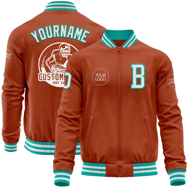 Fishing tackle easy carry-Custom Texas Orange White-Aqua Bomber Varsity Letterman Zipper Jacket