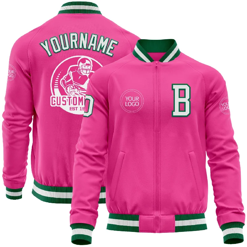 Fishing rod hard case-Custom Pink White-Kelly Green Bomber Varsity Letterman Zipper Jacket