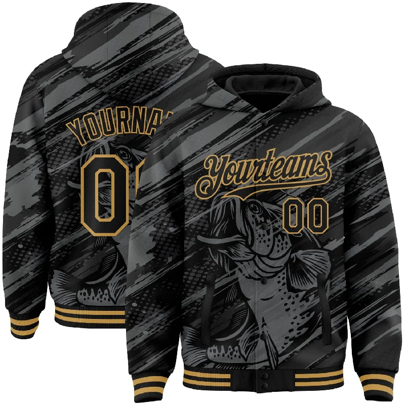 Fishing hook tier-Custom Black Old Gold Largemouth Bass Fish Fishing 3D Bomber Full-Snap Varsity Letterman Hoodie Jacket