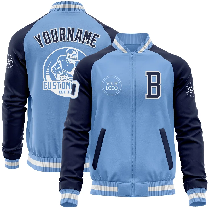 Fishing rod short handle-Custom Light Blue White-Navy Bomber Varsity Letterman Two Tone Zipper Jacket