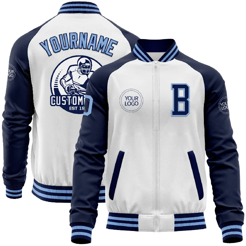 Fishing gloves waterproof-Custom White Light Blue-Navy Bomber Varsity Letterman Two Tone Zipper Jacket