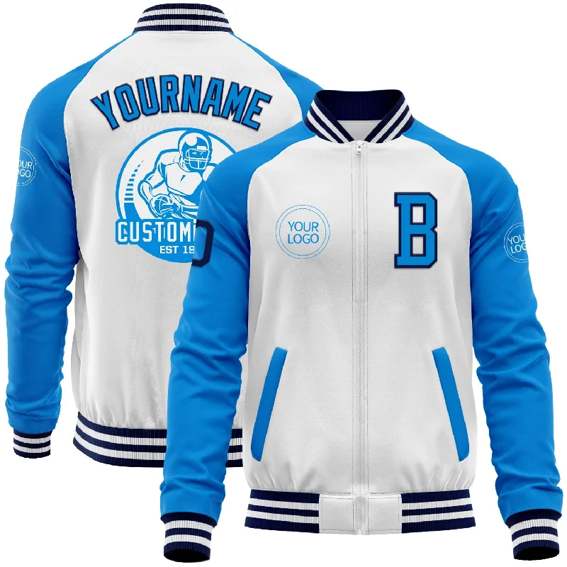 Fishing bait bucket-Custom White Navy-Powder Blue Bomber Varsity Letterman Two Tone Zipper Jacket