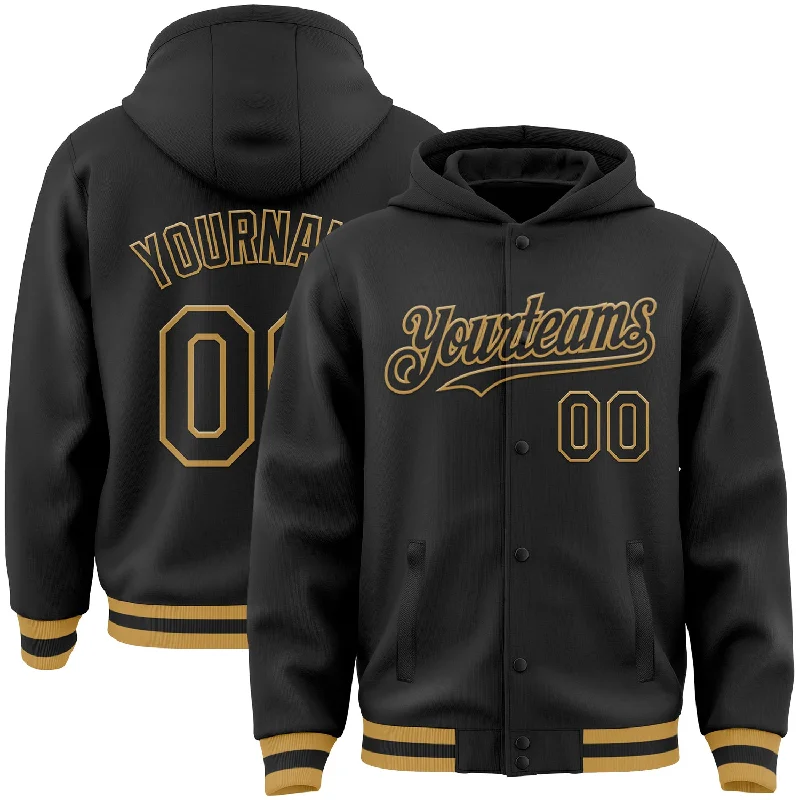 Fishing reel smooth operation-Custom Black Old Gold Bomber Full-Snap Varsity Letterman Hoodie Jacket