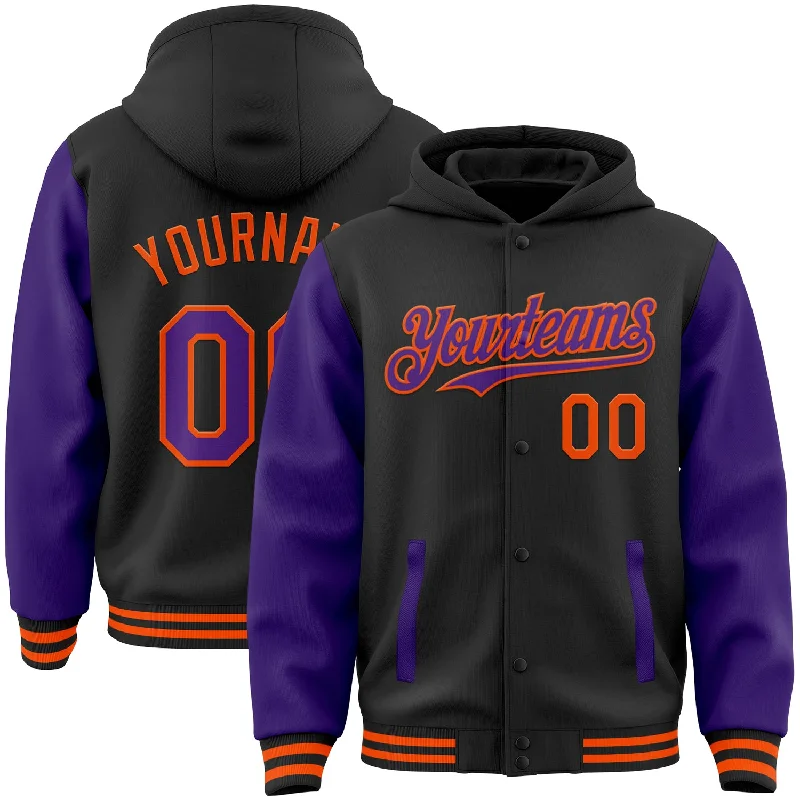 Fishing line sensitivity-Custom Black Purple-Orange Bomber Full-Snap Varsity Letterman Two Tone Hoodie Jacket