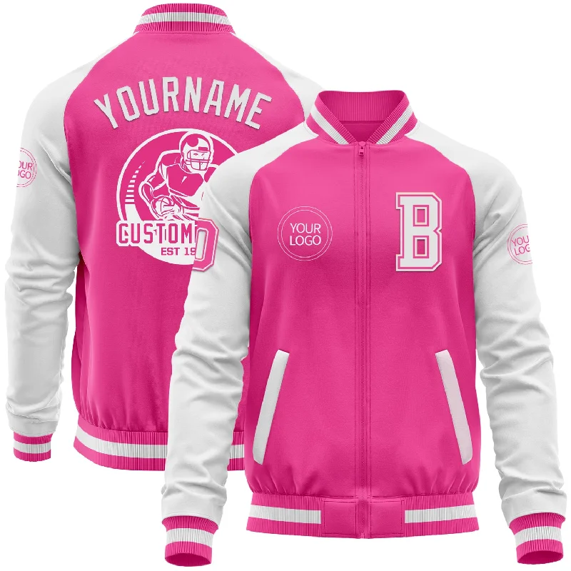 Fishing line stretcher-Custom Pink White Bomber Varsity Letterman Two Tone Zipper Jacket