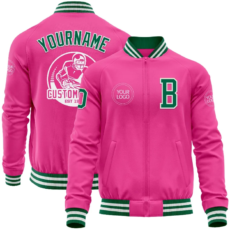 Fishing rod garage storage-Custom Pink Kelly Green-White Bomber Varsity Letterman Zipper Jacket