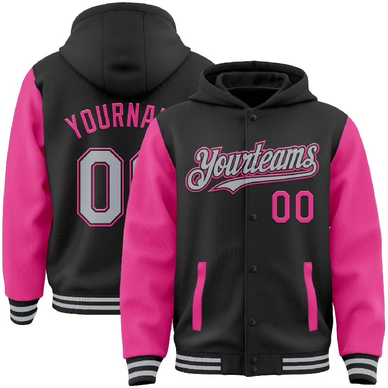 Fishing line high tensile-Custom Black Gray-Pink Bomber Full-Snap Varsity Letterman Two Tone Hoodie Jacket