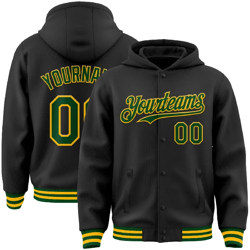 Fishing tackle compact bag-Custom Black Green-Gold Bomber Full-Snap Varsity Letterman Hoodie Jacket