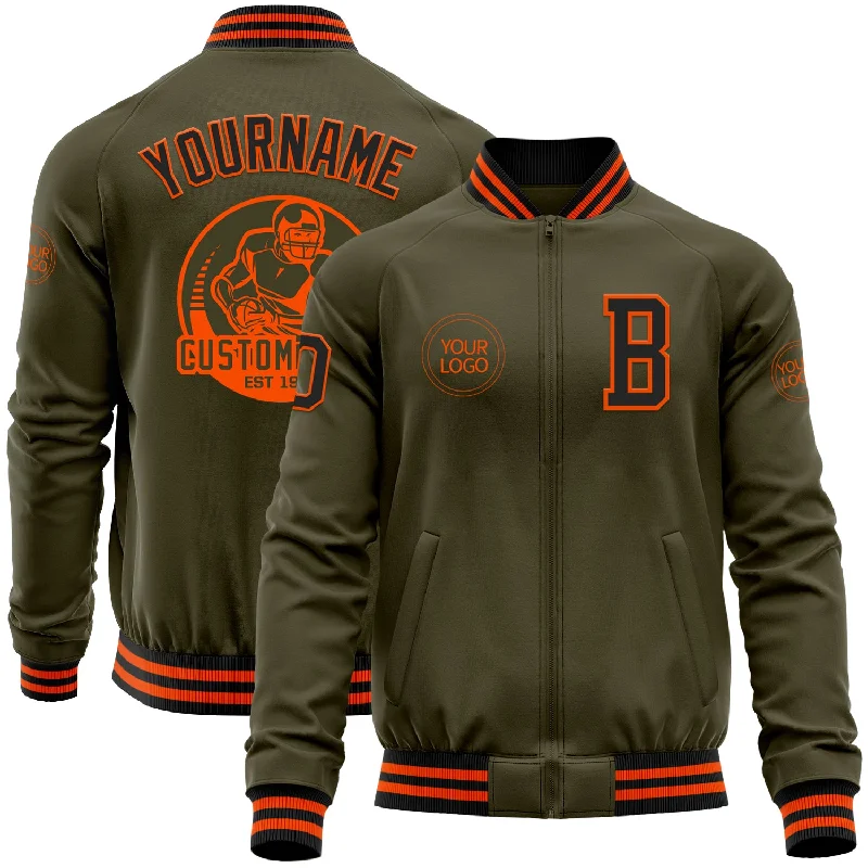 Fishing rod foldable-Custom Olive Black-Orange Bomber Varsity Letterman Salute To Service Zipper Jacket