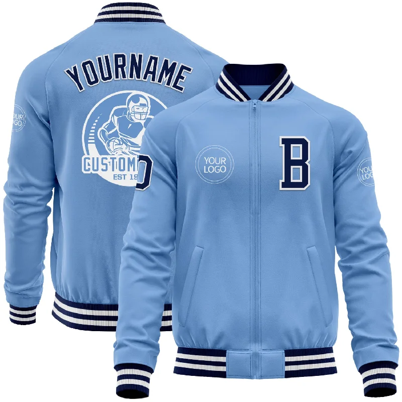 Fishing hook remover-Custom Light Blue Navy-White Bomber Varsity Letterman Zipper Jacket